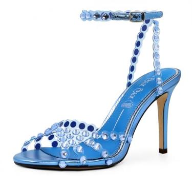 Imagem de GPXGPX Sandálias femininas de strass de salto alto com fivela de tiras transparentes, salto alto, bico redondo, sandálias elegantes e sexy, Azul, 37