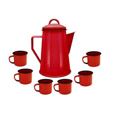 Imagem de Jogo Bule Leiteira Esmaltada Vermelha 1,2 Litros e 6 Mini Canecas 90ml - Yazi