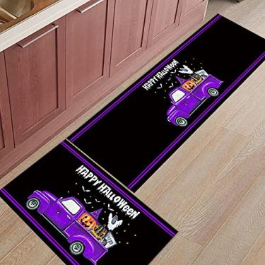 Imagem de Tapete de cozinha corredor, Happy Halloween roxo caminhão com abóbora gato fantasma morcego preto antiderrapante tapete de porta tapete tapete para lavanderia quarto banheiro conjunto de 2