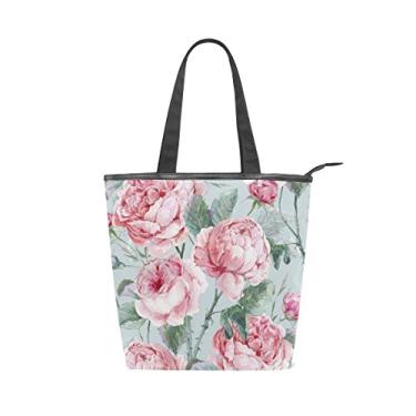 Imagem de Bolsa feminina de lona durável vintage floral aquarela rosas grande capacidade sacola de compras bolsa de ombro