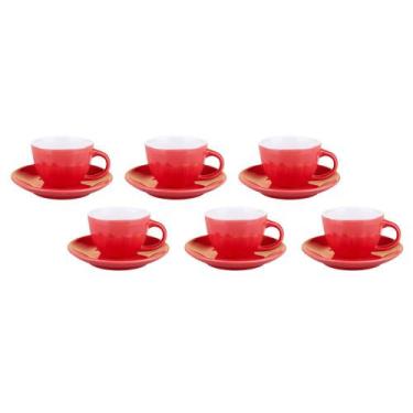 1 Conjunto com 6 Xícaras de Chá com Pires 15 Cm Oxford Daily Floreal Renda  Branco/Vermelho 200 Ml