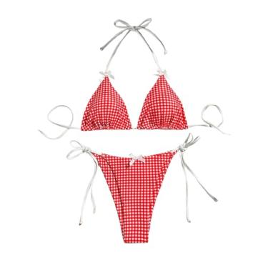 Imagem de BEAUDRM Conjunto de biquíni feminino, 2 peças, estampa guingão, laço frontal, conjunto de biquíni triangular, roupa de banho, Vermelho e branco., PP