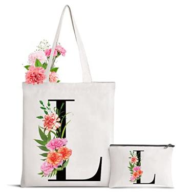 Imagem de Sanuurfky Sacola de lona com letra inicial personalizada para presente para o dia das mães, damas de honra, noiva, aniversário, casamento, Flor - l, Large