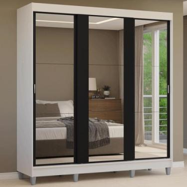 Imagem de Guarda-Roupa Casal com Pés 3 Portas de Correr de Espelho Branco/Preto 