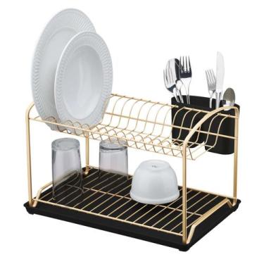 Imagem de Escorredor de Louça Duplo Com Bandeja Porta Talheres Prato Copos Doura