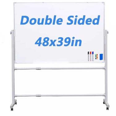 Imagem de Lylunnamsp Quadro branco rolante, quadro magnético apagável a seco de dupla face, quadro branco ajustável em altura sobre rodas, com moldura de alumínio resistente, para sala de aula de escritório em