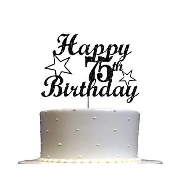 Imagem de Topo de bolo de glitter preto de 75 aniversário, ideias de decoração de 75 anos, qualidade premium, glitter de dupla face resistente, bastão de acrílico. Feito nos EUA
