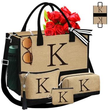 Imagem de Adoryoung Sacolas com monograma, 3 peças, presentes de aniversário para mulheres, bolsas de juta personalizadas com inicial inicial para sua irmã e mãe, Juta, Large