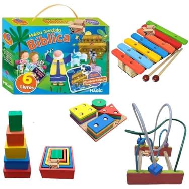 Imagem de Kit Atividades 5 Brinquedos Pedagógicos Em Madeira + 6 Livros - Primeira Infância TDAH (Kit 5 Maleta Bíblica)