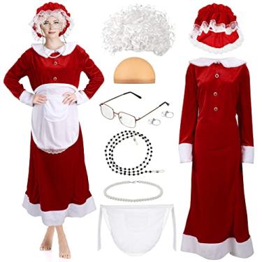 Imagem de Yaomiao 9 peças de fantasia de Papai Noel para mulheres, fantasia de Papai Noel para mulheres, vestido de Papai Noel, capô, avental peruca para o Natal (Básico, GG)
