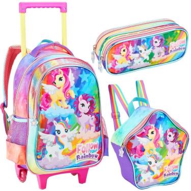 Imagem de Kit Mochila Rodinhas Lancheira Estojo Feminino Rainbow Poney
