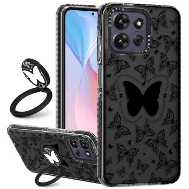 Imagem de Boaretiu Capa para Motorola Moto G Power/Play 2025 - com suporte fofo Kawaii Fashion 360° giratório suporte de anel com suporte borboleta preta para mulheres meninas meninos adolescentes feminino capa