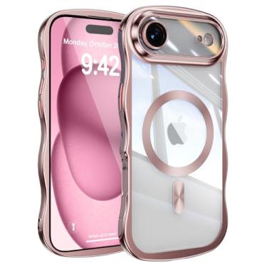 Imagem de UEEBAI Capa para iPhone Air, linda capa de celular magnética com moldura ondulada compatível com Magsafe capa de proteção completa para câmera macia galvanizada para mulheres e meninas - rosa
