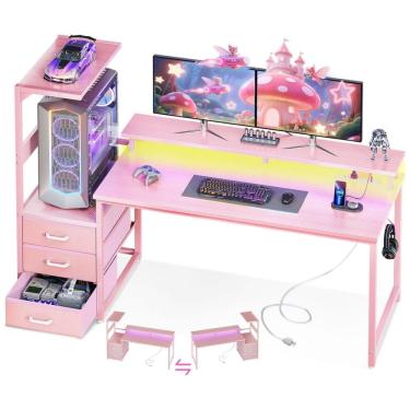 Imagem de Mesa Gamer Reversível AODK 150 cm Fibra de Carbono Rosa com Luzes LED, Tomadas USB, 3 Gavetas de Tecido e Suporte para Monitor
