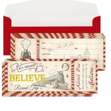 Imagem de Convites de bilhete de trem Christmas Believe Convites vintage Believe Train Convites com 25 envelopes Festa de Natal Preencha em branco Convites Cartões de Natal Believe Ticket para férias de Natal