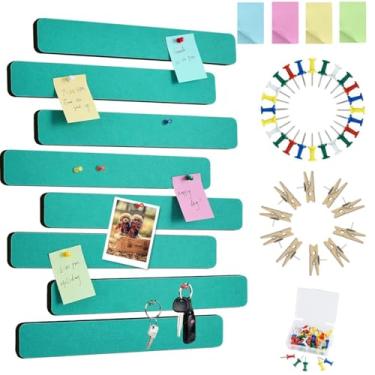 Imagem de Vuzvuv 8 tiras de barra de quadro de avisos com 50 pinos e 10 pinos de clipe de madeira, placa de cortiça autoadesiva para parede, placa de feltro para escola, decoração de escritório (turquesa)