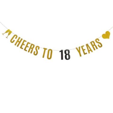 Imagem de Banner CHEERS TO 18 YEARS, pré-amarrado, faixa de papel com glitter preto e dourado para suprimentos de decorações de festa de aniversário de 18 anos/casamento, letras pretas e douradas, ABCpartyland