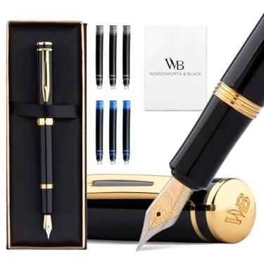 Imagem de Wordsworth e Caneta-tinteiro EDC preta (média), caneta de bolso preta deslumbrante, acabamento dourado 24K, ponta dourada 18K, conversor de tinta, melhor conjunto de caneta de escrita para homens e