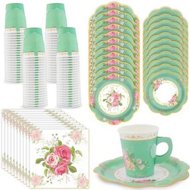 Imagem de EggSun 200 peças de xícaras de chá florais e pires para suprimentos de chá, xícaras de chá descartáveis com alça e guardanapos de papel para jantar com tema floral, aniversário, casamento, chá de bebê
