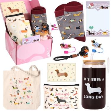Imagem de Presentes Dachshund para mulheres presentes engraçados para amantes de cães, incluindo bolsa de maquiagem, copo de vidro, chaveiro, meias, bloco de notas, lona, sacola de lona, boné de palha para