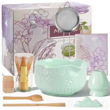 Imagem de OKYUK Conjunto Matcha, conjunto de 9 peças de cerâmica Matcha inclui tigela, batedor e suporte, colher de bambu, descanso de colher, peneira e toalha de chá, etc. Kit completo para Matcha tradicional
