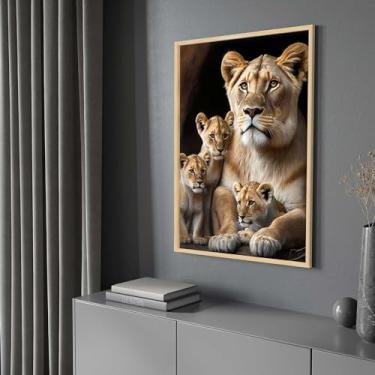 Imagem de Quadro com Moldura Leoa 3 Filhotes Decorativo Grande Sala Quarto Hall