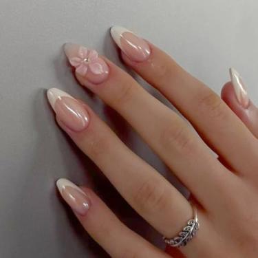 Imagem de Unhas postiças curtas médias amêndoas brancas francesas com design simples de flores, strass, cobertura completa, cola em bastão falso artificial em unhas de acrílico para mulheres, 24 peças