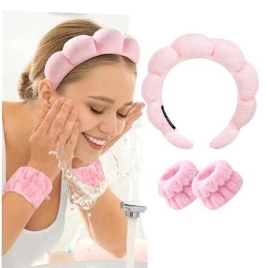 Imagem de Conjunto de faixa de cabeça para lavar o rosto, esponja para lavagem de rosto para mulheres, pano felpudo macio com bolhas, faixa de cabelo para mulheres, acessório de cabelo antiderrapante, rosa