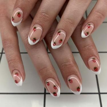 Imagem de Unhas postiças curtas de amêndoa francesa branca com design simples de morangos, unhas postiças, cobertura total, cola artificial nas unhas, cola nas unhas, para mulheres, manicure faça você mesmo, 24