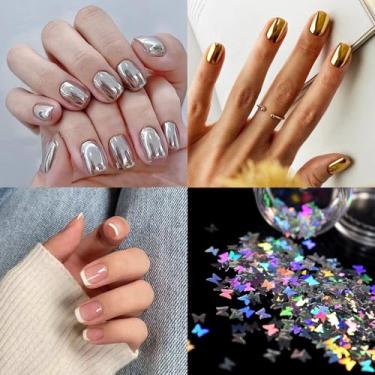 Imagem de Decoração de unhas cosméticas, inclui 3 kits de pressão em acrílico para unhas postiças metálicas prateadas douradas nude francês, 1 borboleta a laser holográfico, minilixa, adesivo de unhas, conjunto