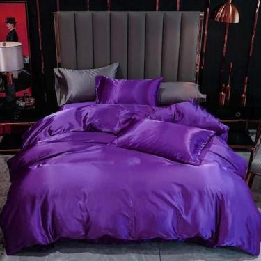 Imagem de Jogo De Cama Casal Queen Cetim 7 Pç Completo Roxo C/Graffiti - Casa Da