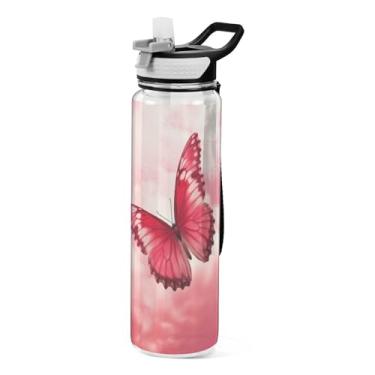 Imagem de Burbuja Garrafa de água Pink Butterfly de 940 ml com tampa de palha, à prova de vazamento e livre de BPA para academia, esportes ao ar livre