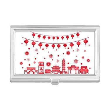Imagem de Porta-cartões de visita com padrão de corte de papel chinês vermelho Lantern