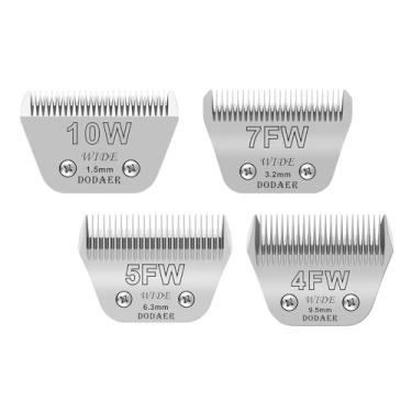 Imagem de DODAER Lâminas largas 10W + 7FW + 5FW + 4FW para cuidados com cães, compatível com Andis, Oster A5, Wahl km10 Clippers, comprimento de corte de 1/40.6 cm a 3/20.3 cm, pacote com 4