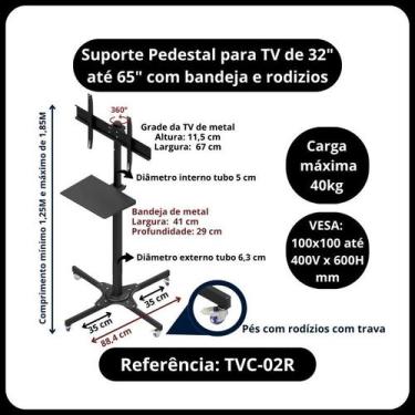 Imagem de Pedestal para tv 32 a 65 com bandeja e rodízios - Avatron