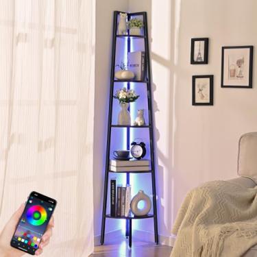 Imagem de Waipfaru Prateleira de canto, estante de canto de 5 camadas com luz LED, prateleiras de canto de 171 cm para quarto, suporte de planta de canto alto com moldura de aço, prateleira de exibição para