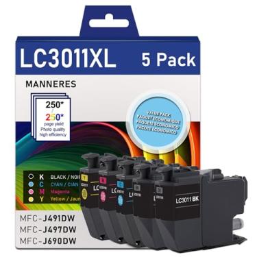 Imagem de Cartuchos de tinta LC3011XL de alto rendimento pacote com 5 (2 pretos, 1 ciano, 1 magenta, 1 amarelo) compatíveis com Brother LC3011 LC3013 XL cartucho de tinta funciona com impressora MFC-J491DW