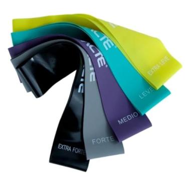 Imagem de Kit Mini Faixa Elástica com 5 Intensidades, 25cm x 5cm, Amarela/Verde/Roxa/Cinza/Preta, para Exercícios de Resistência