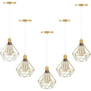 Imagem de Lustres Luminárias de Teto Aramado Diamante Pendentes Dourado Com Fio Cristal Kit Com 5
