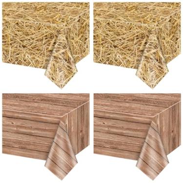 Imagem de PTECDROTS 2 toalhas de mesa de palha e 2 peças de toalhas de mesa de grão de madeira retangulares de palha de grão de madeira para festa na fazenda, artigos de festa com tema caubói, 129,5 x 218,4 cm