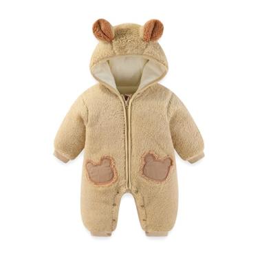 Imagem de JiAmy Macacão de inverno de lã para bebês recém-nascidos com capuz e urso fofo para meninos e meninas de 12 a 18 meses, marrom
