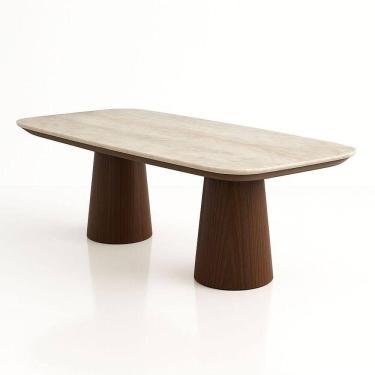 Imagem de Mesa De Jantar Quartzito Taj Mahal Base E Tampo Duplo Nogueira 244x137 Cm