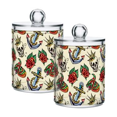 Imagem de Qilmy Old School Tattoo Suporte Qtip pacote com 2, frascos de boticário de 400 ml, vasilha organizadora de banheiro para cotonetes, bolas de algodão, almofadas de maquiagem, fio dental, sais de banho