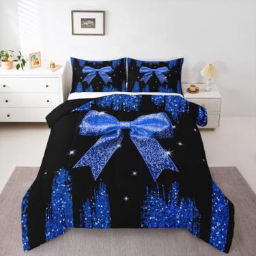 Imagem de Conjunto de edredom com nó de laço azul marinho, conjunto de edredom casal, com laço de princesa feminino, glitter, kawaii, geométrico, com laço, fofo, decoração de quarto