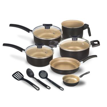 Imagem de Jogo de Panelas Kit 9 Peças Antiaderente Teflon 18 cm com Tampa de Vidro Preto com Creme OEM