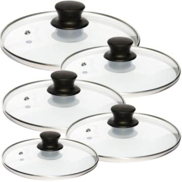 Imagem de Jogo Tampa De Vidro Para Panelas Frigideiras Com 5 Peças Nº 16 18 20 22 24 Panelas com Visual Moderno Vidro Temperado Bordas em Inox