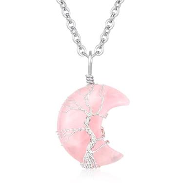 Imagem de XIANNVXI Colares femininos com lua crescente, colares de cristal, árvore da vida, envolto em arame, joia de bruxa natural, presentes para mulheres, Cristal, Sem Pedra Preciosa