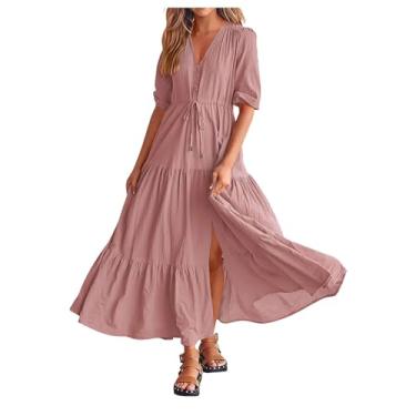 Imagem de Howstar Vestidos de verão para mulheres 2024, vestido maxi solto de manga curta elegante para férias vestido de festa de chá casual, B3 - rosa, GG