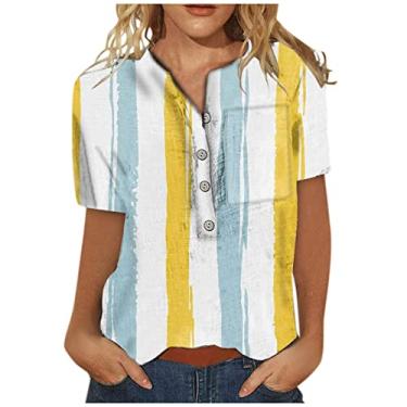 Imagem de Camisetas longas femininas com estampa floral folgada outono verão manga curta gola V camisa de linho feminina 2024 Y2K, U-917 amarelo mostarda, 3G