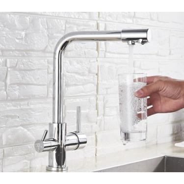 Imagem de Filtro de níquel escovado torneira da cozinha água potável torneira da cozinha deck montado alças duplas misturador de água fria de 3 vias, cromo